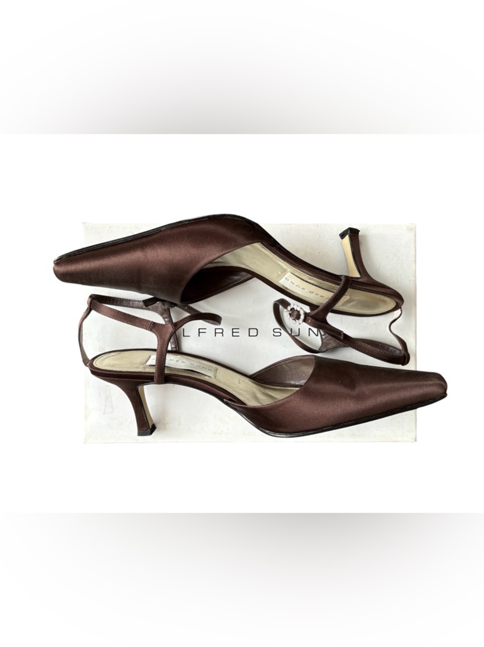 👠ALFRED SUNG Chocolate Brown Satin Kitten Heel Slingbacks w/Jewel Buckle, Sz 10